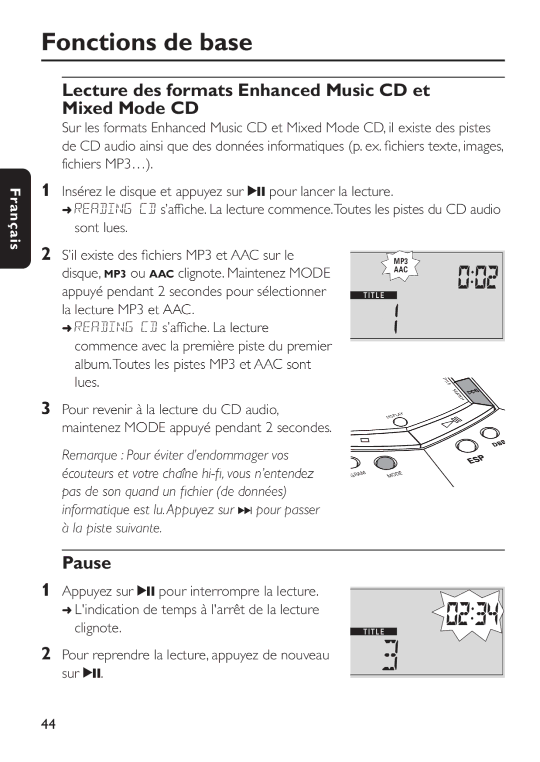 Philips EXP503 manual Lecture des formats Enhanced Music CD et Mixed Mode CD, Pause 