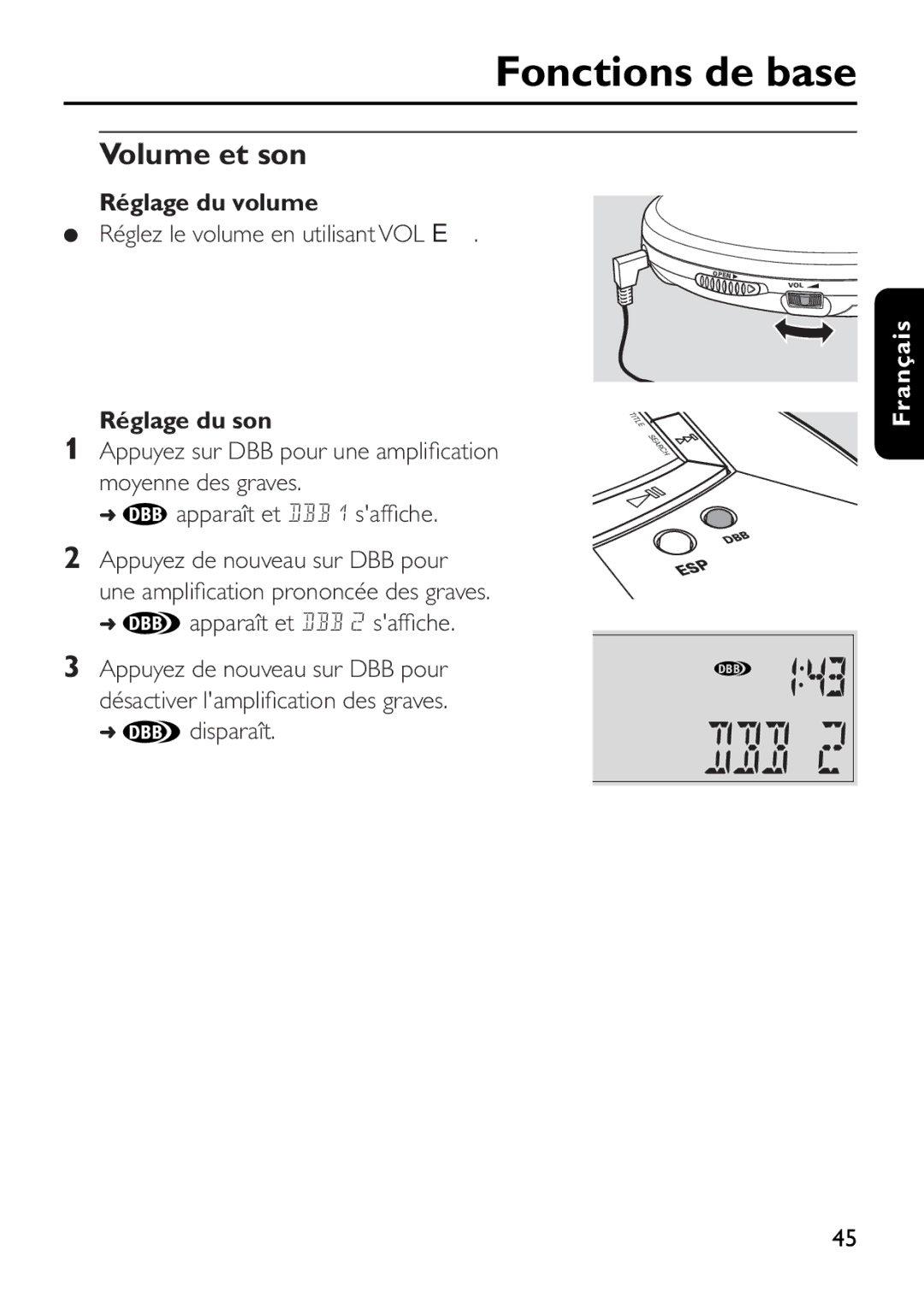 Philips EXP503 manual Volume et son, Réglage du volume, Réglage du son 