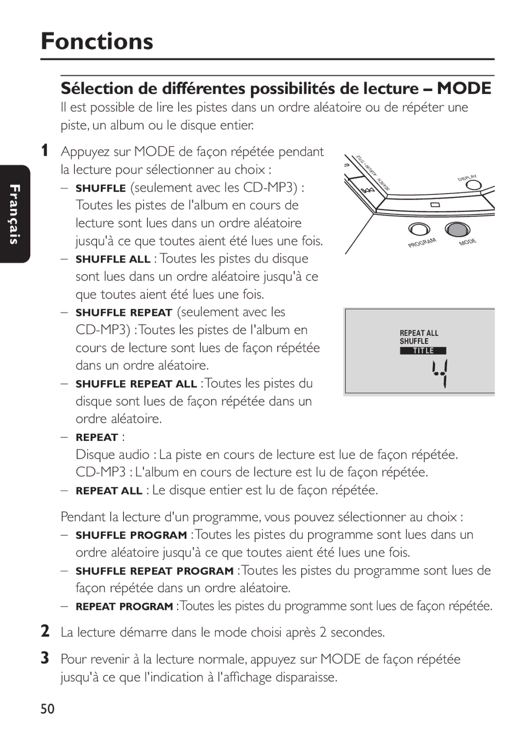 Philips EXP503 manual Sélection de différentes possibilités de lecture Mode, Shuffle ALL Toutes les pistes du disque 