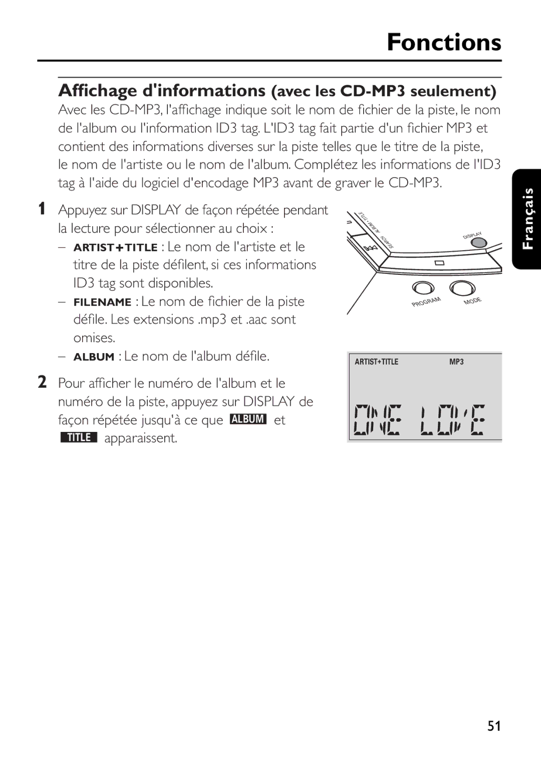 Philips EXP503 manual Afﬁchage dinformations avec les CD-MP3 seulement, Title apparaissent 