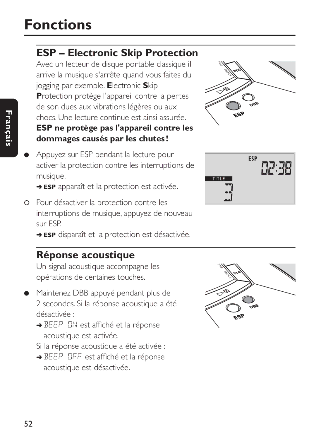 Philips EXP503 manual Réponse acoustique, Si la réponse acoustique a été activée 