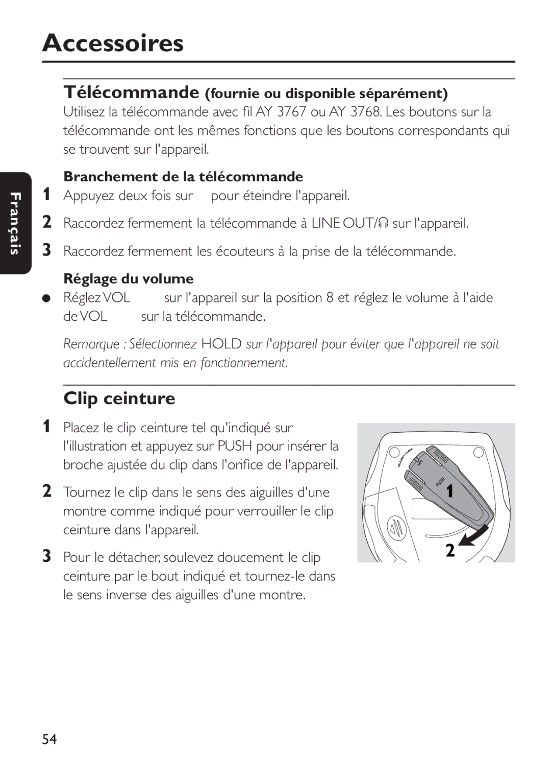 Philips EXP503 manual Clip ceinture, Télécommande fournie ou disponible séparément, Branchement de la télécommande 