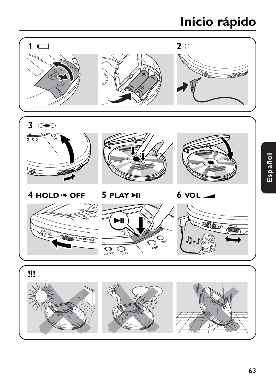 Philips EXP503 manual Inicio rápido, Hold OFF 5 Play 