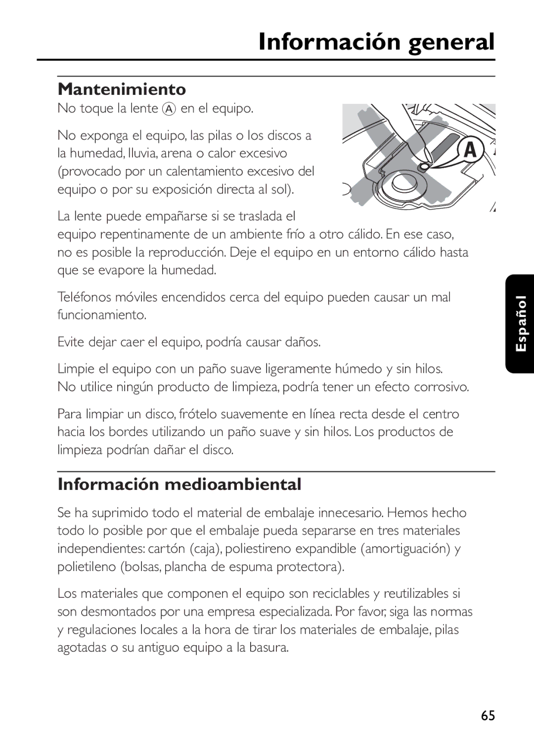 Philips EXP503 manual Información general, Mantenimiento, Información medioambiental, No toque la lente a en el equipo 