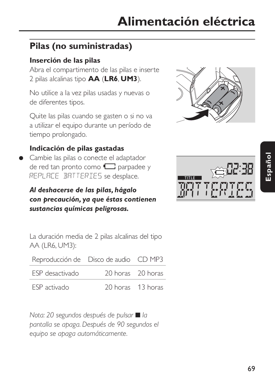 Philips EXP503 manual Alimentación eléctrica, Pilas no suministradas, Inserción de las pilas, Indicación de pilas gastadas 