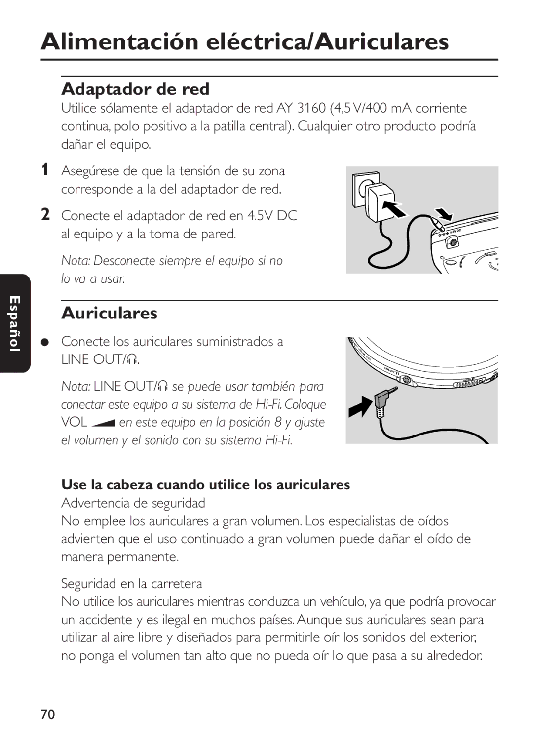 Philips EXP503 Alimentación eléctrica/Auriculares, Adaptador de red, Conecte los auriculares suministrados a Line OUT/p 