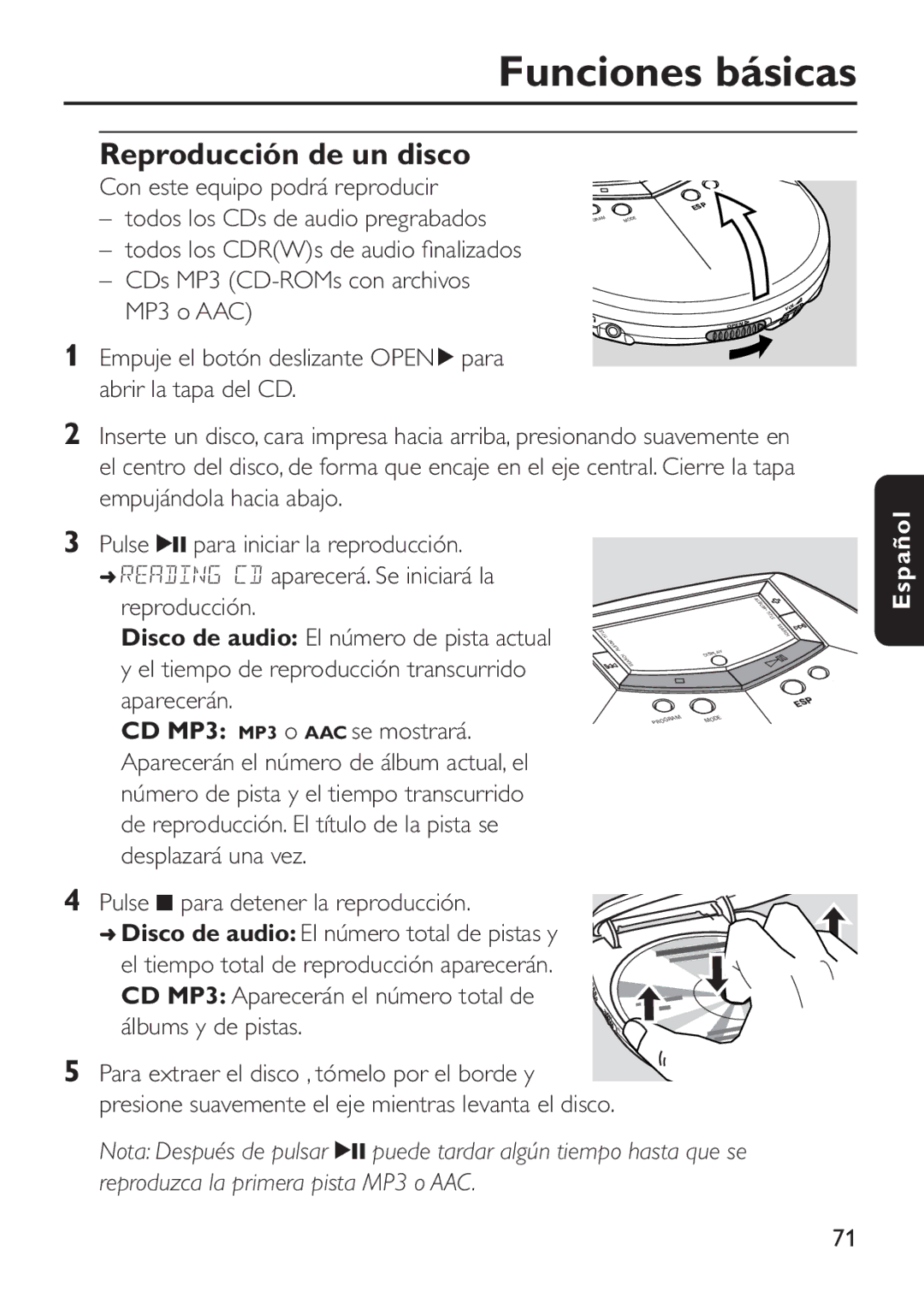 Philips EXP503 manual Funciones básicas, Reproducción de un disco, Pulse 9 para detener la reproducción 