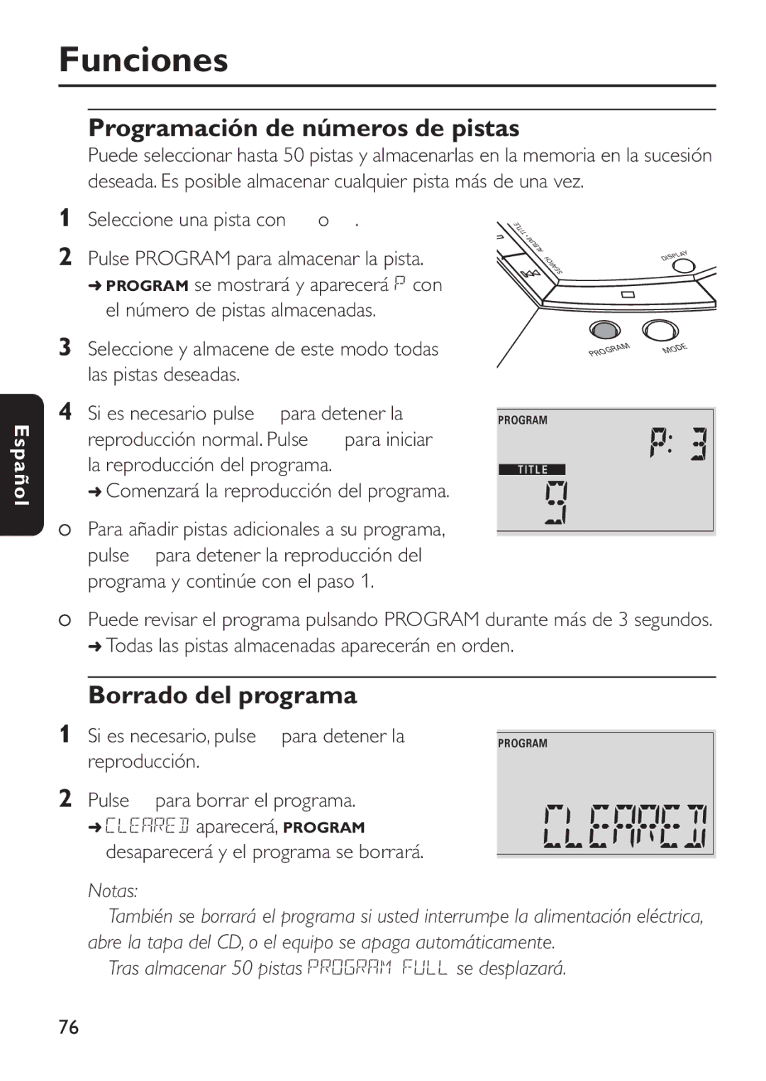 Philips EXP503 Funciones, Programación de números de pistas, Borrado del programa, Si es necesario pulse 9 para detener la 