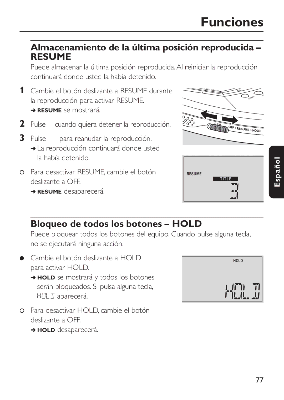 Philips EXP503 Almacenamiento de la última posición reproducida, Bloqueo de todos los botones Hold, Resume se mostrará 