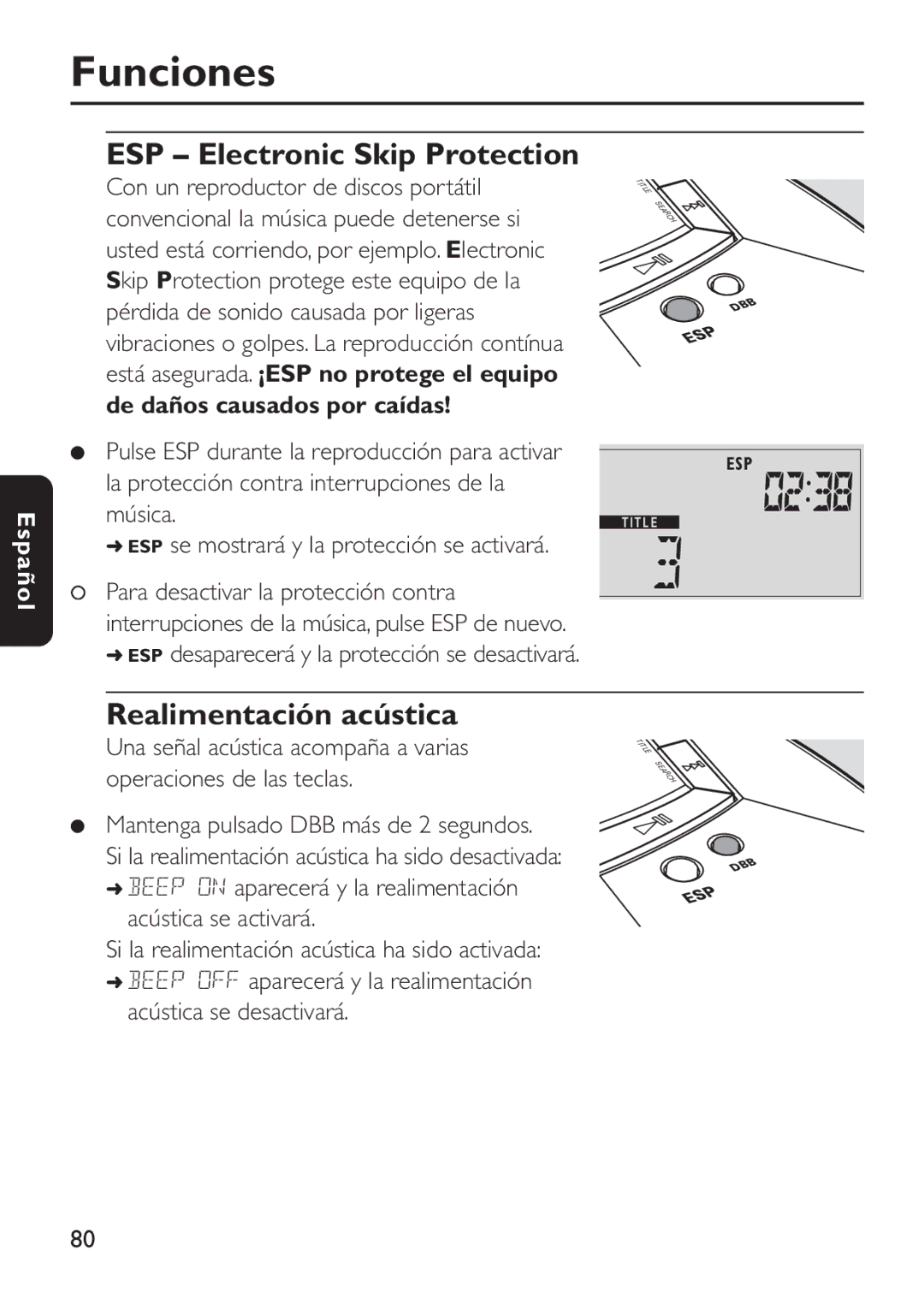 Philips EXP503 manual Realimentación acústica, De daños causados por caídas, Si la realimentación acústica ha sido activada 