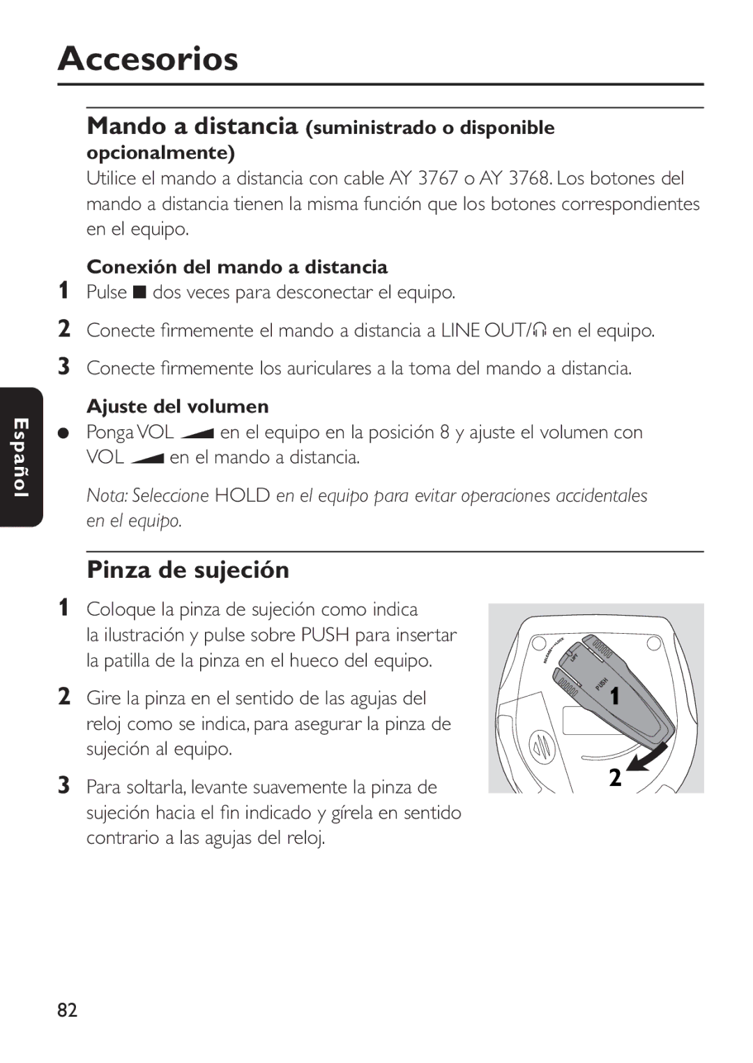 Philips EXP503 manual Pinza de sujeción, Mando a distancia suministrado o disponible opcionalmente 