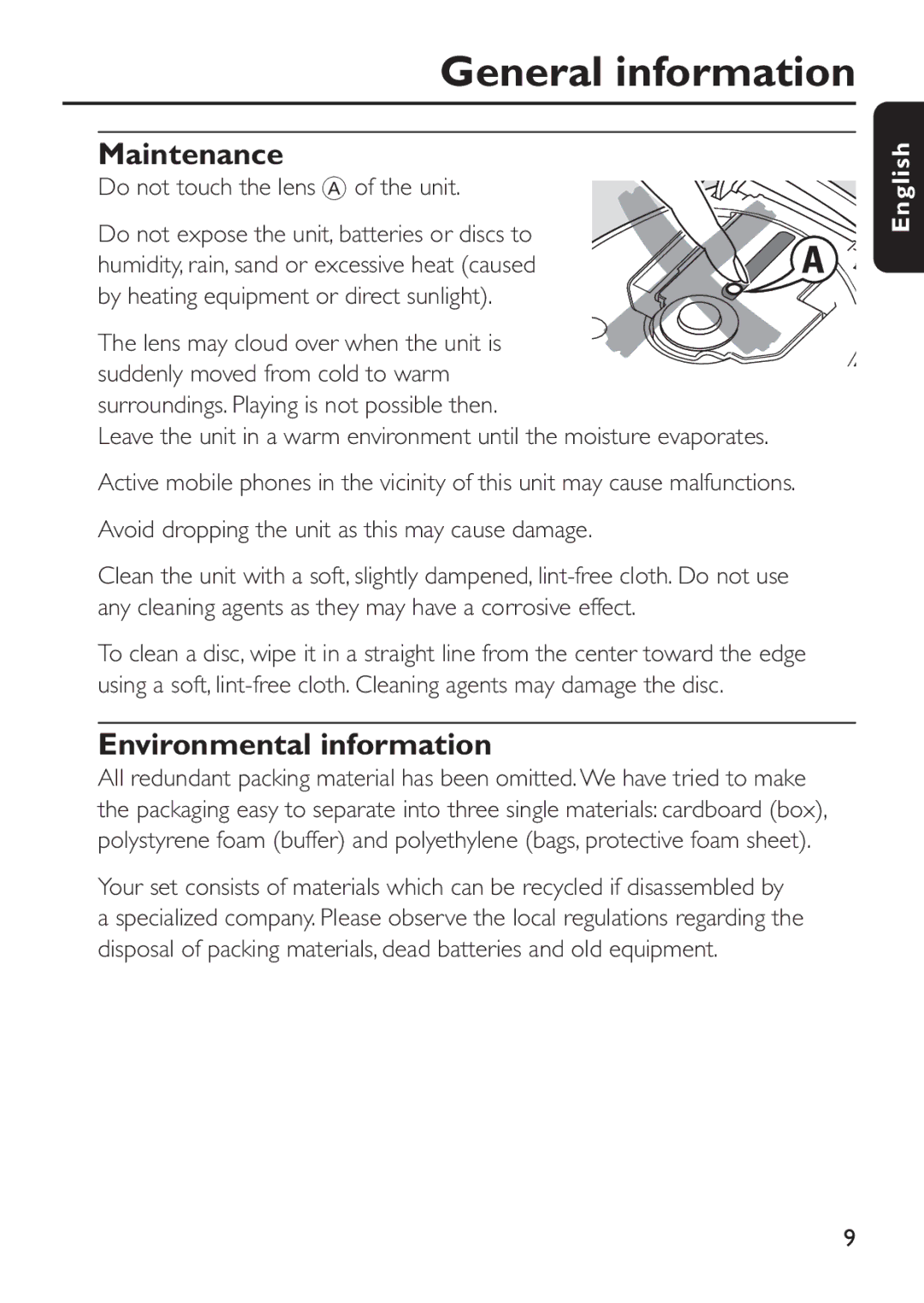 Philips EXP503 manual General information, Maintenance, Environmental information, Do not touch the lens a of the unit 