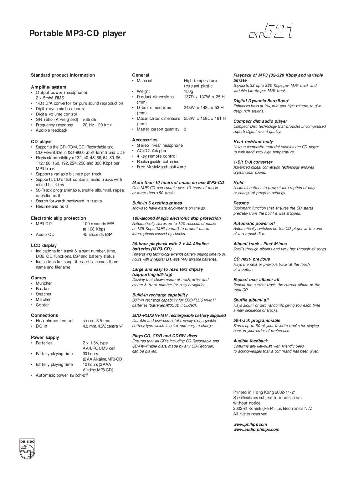 Philips EXP521 Hour playback with 2 x AA Alkaline batteries MP3-CD, Large and easy to read text display supporting id3-tag 