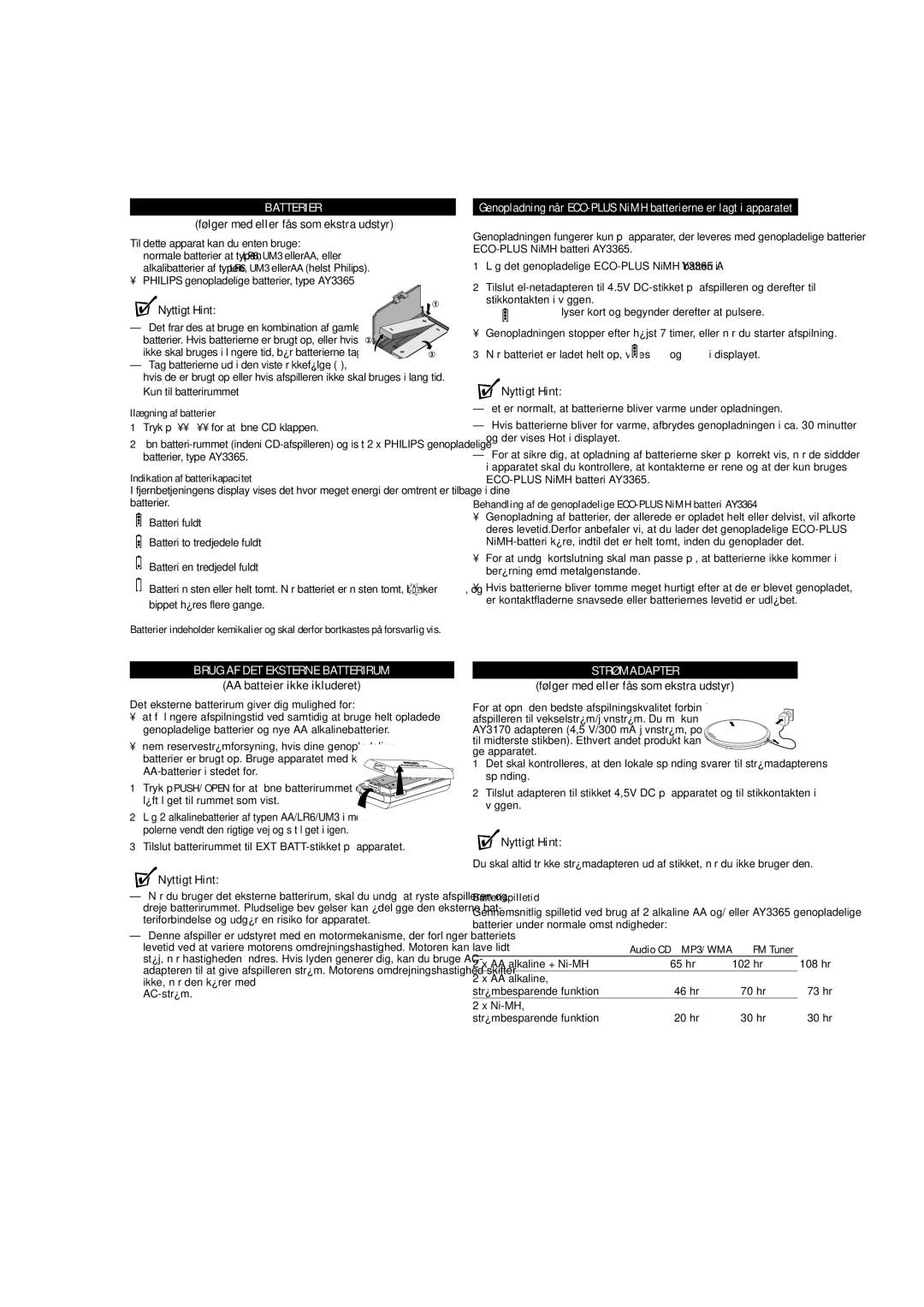 Philips EXP7361 manual Batterier, Følger med eller fås som ekstra udstyr, Brug AF DET Eksterne Batterirum, Strømadapter 