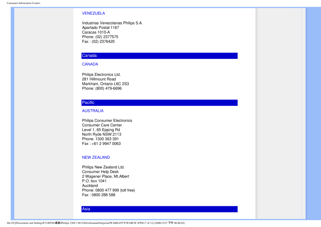 Philips F3100594 user manual Venezuela, Canada, Australia, NEW Zealand 