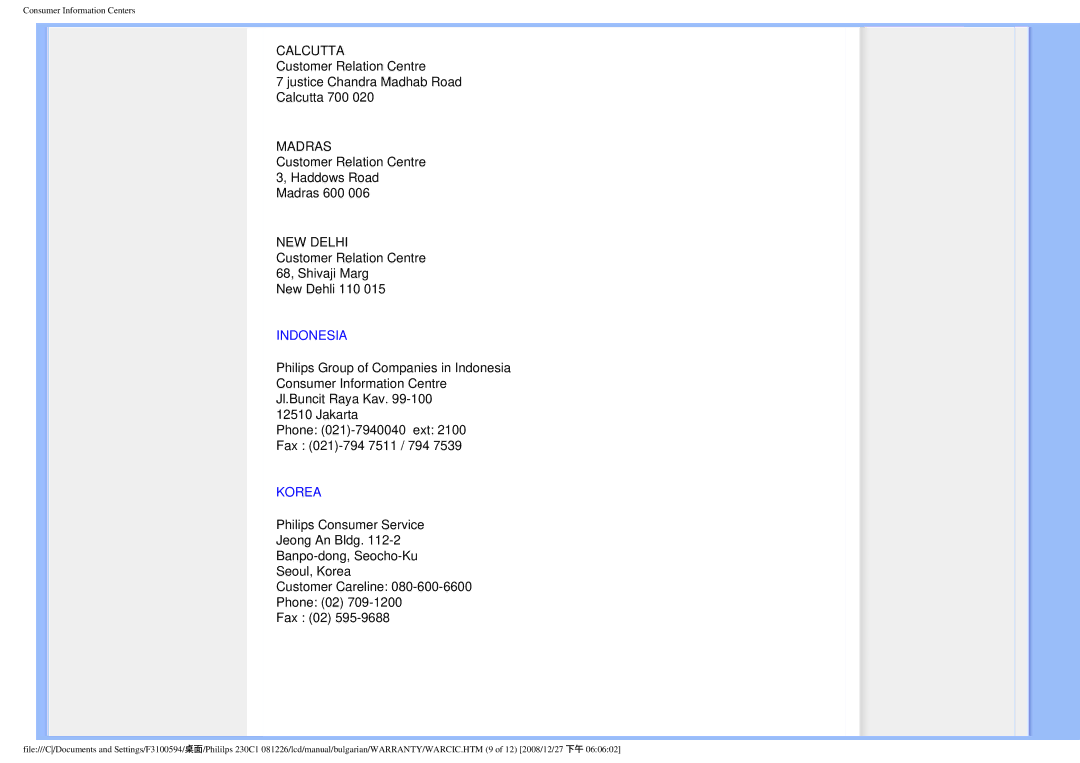 Philips F3100594 user manual Indonesia, Korea 