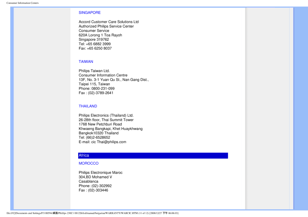 Philips F3100594 user manual Singapore, Taiwan, Thailand, Morocco 