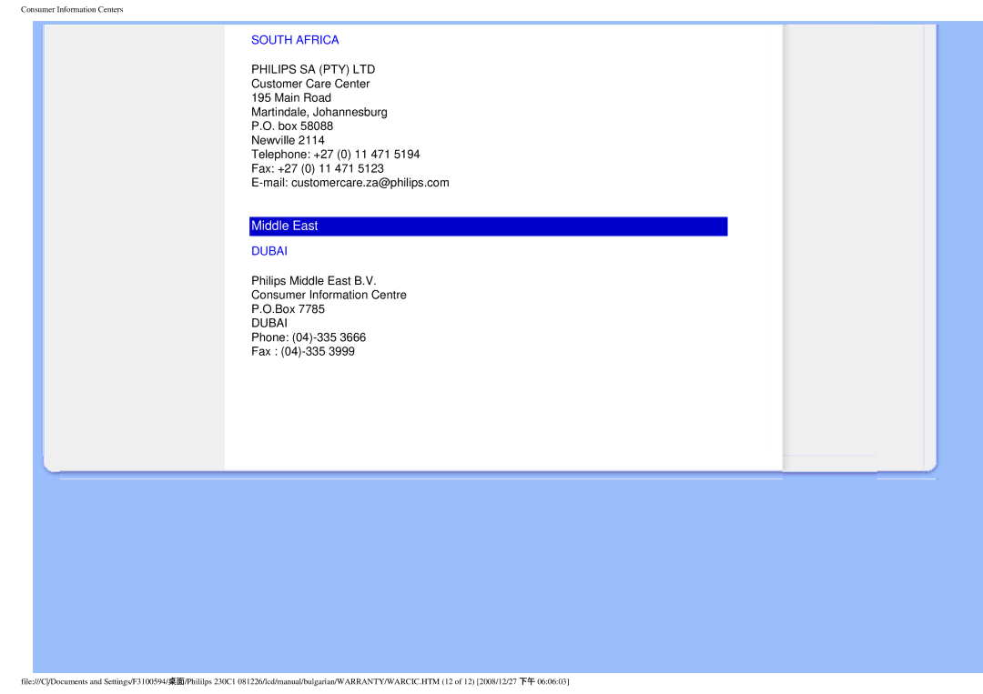 Philips F3100594 user manual South Africa, Dubai 