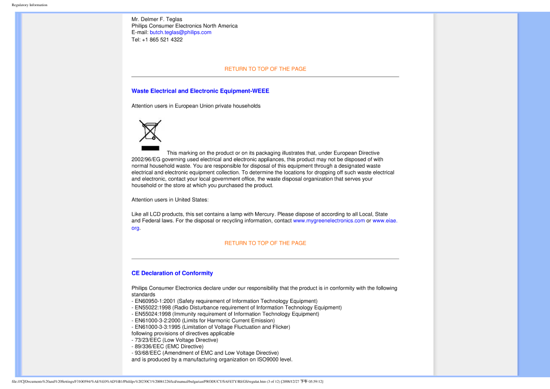 Philips F3100594 user manual Waste Electrical and Electronic Equipment-WEEE, CE Declaration of Conformity 