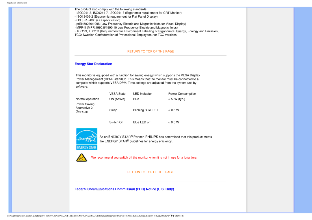 Philips F3100594 user manual Energy Star Declaration, Federal Communications Commission FCC Notice U.S. Only 