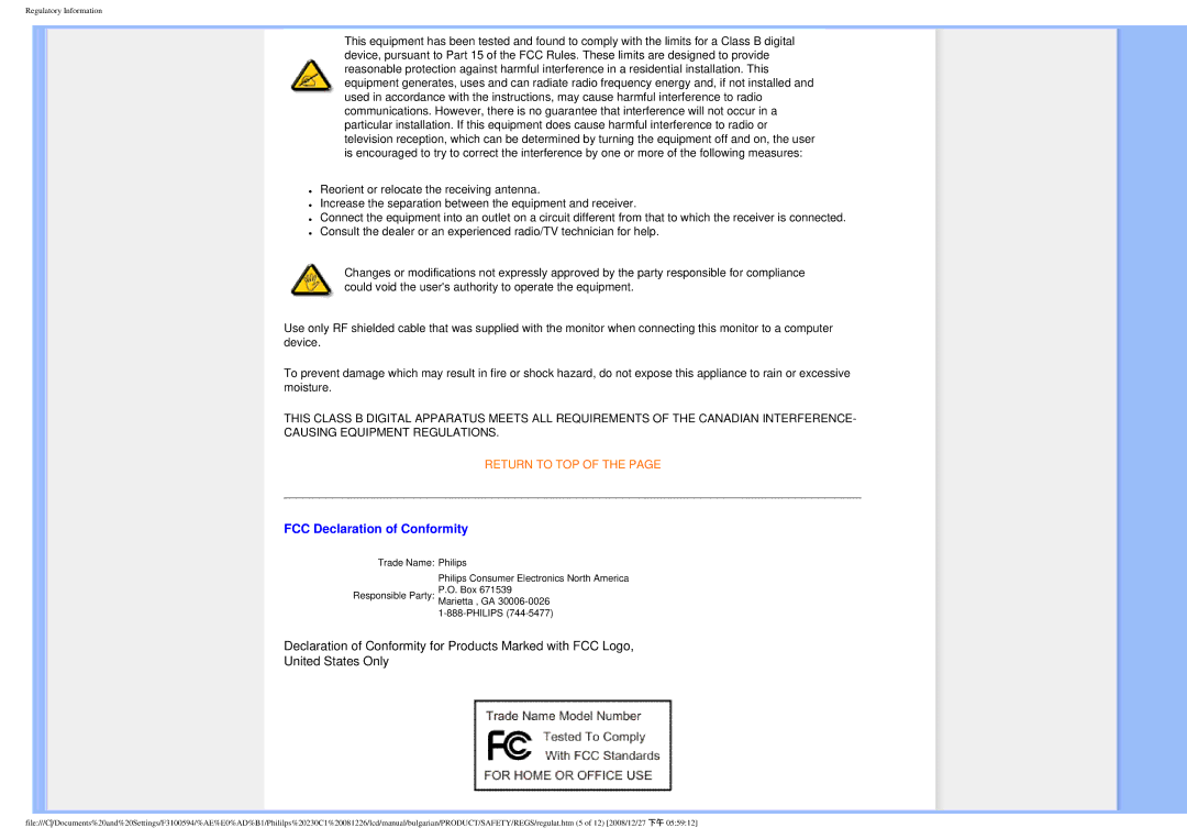 Philips F3100594 user manual FCC Declaration of Conformity 