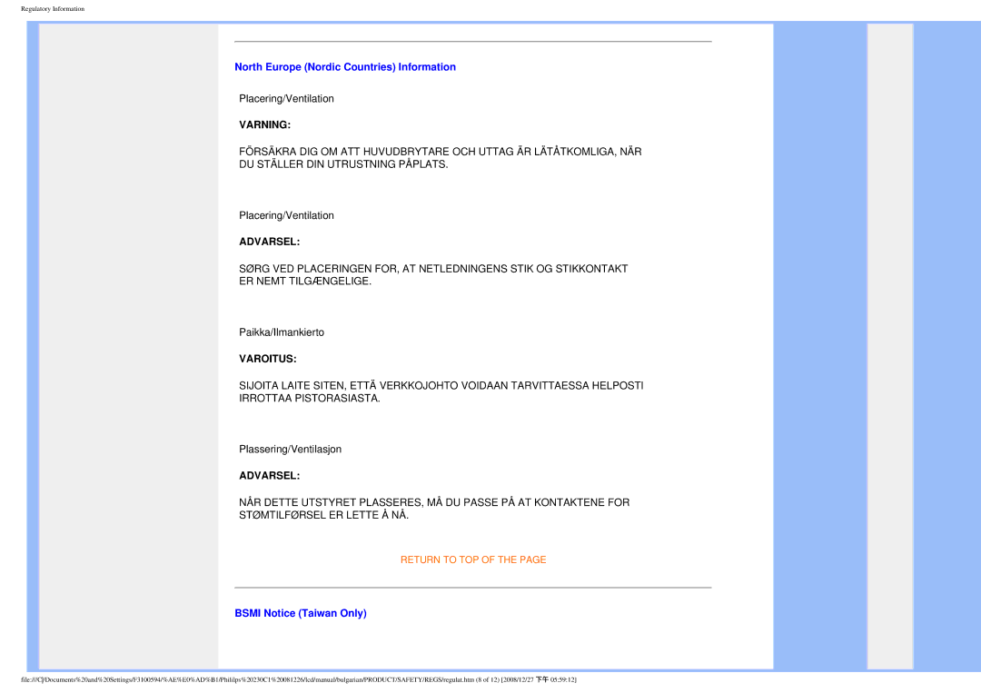 Philips F3100594 user manual North Europe Nordic Countries Information, Bsmi Notice Taiwan Only 