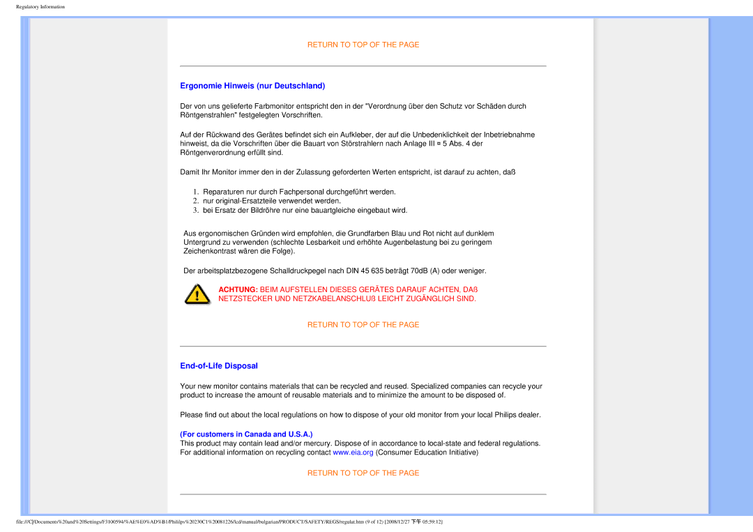 Philips F3100594 user manual Ergonomie Hinweis nur Deutschland, End-of-Life Disposal 