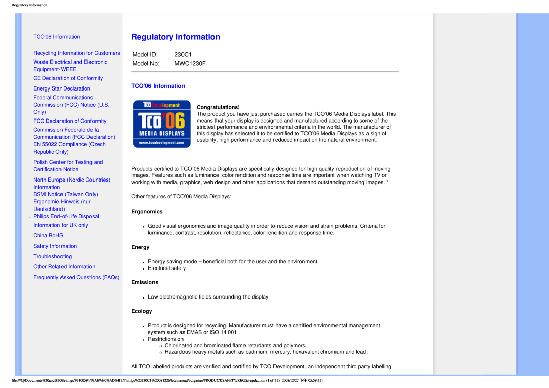 Philips F3100594 user manual Regulatory Information, TCO06 Information Recycling Information for Customers 