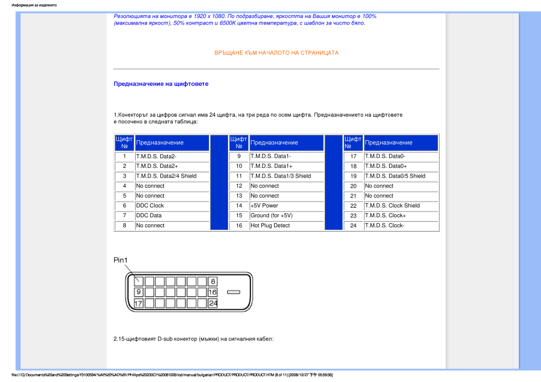 Philips F3100594 user manual Предназначение на щифтовете, Щифт, Връщане Към Началото На Страницата 