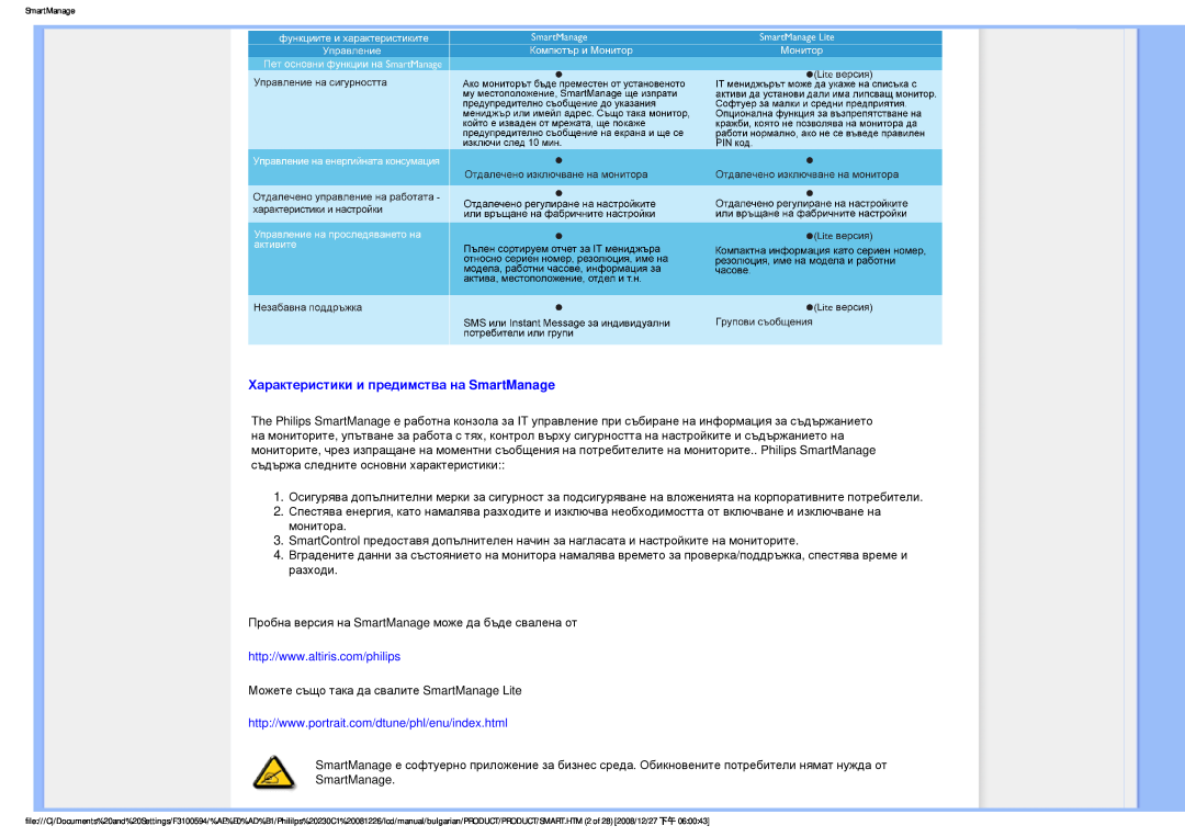 Philips F3100594 user manual Характеристики и предимства на SmartManage 