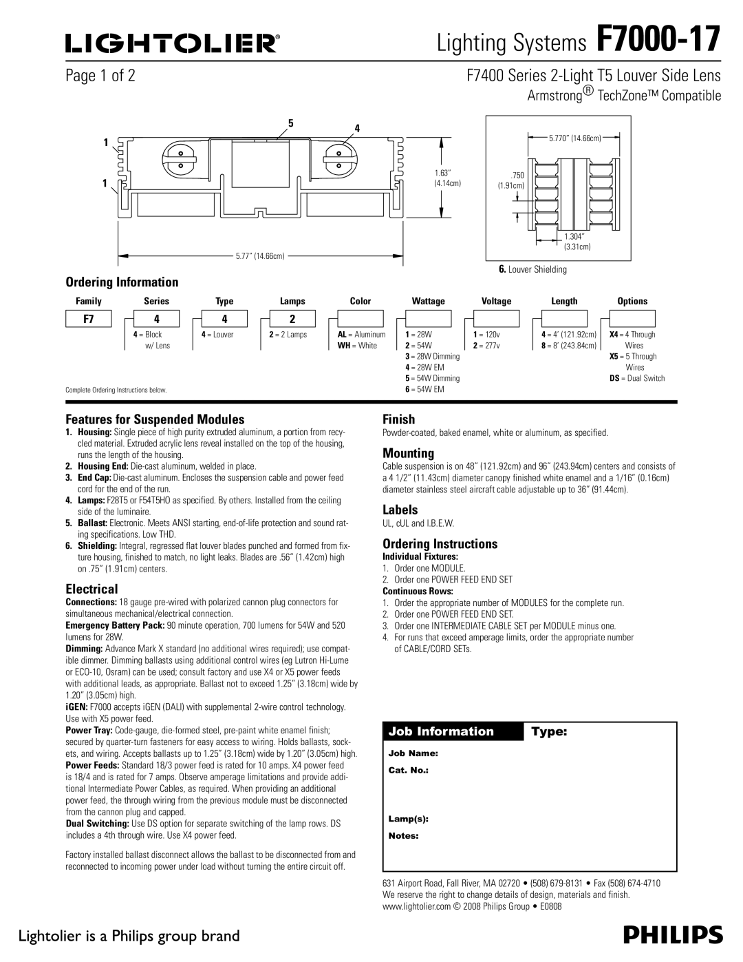 Philips F7000-17 specifications Features for Suspended Modules, Electrical, Finish, Mounting, Labels 