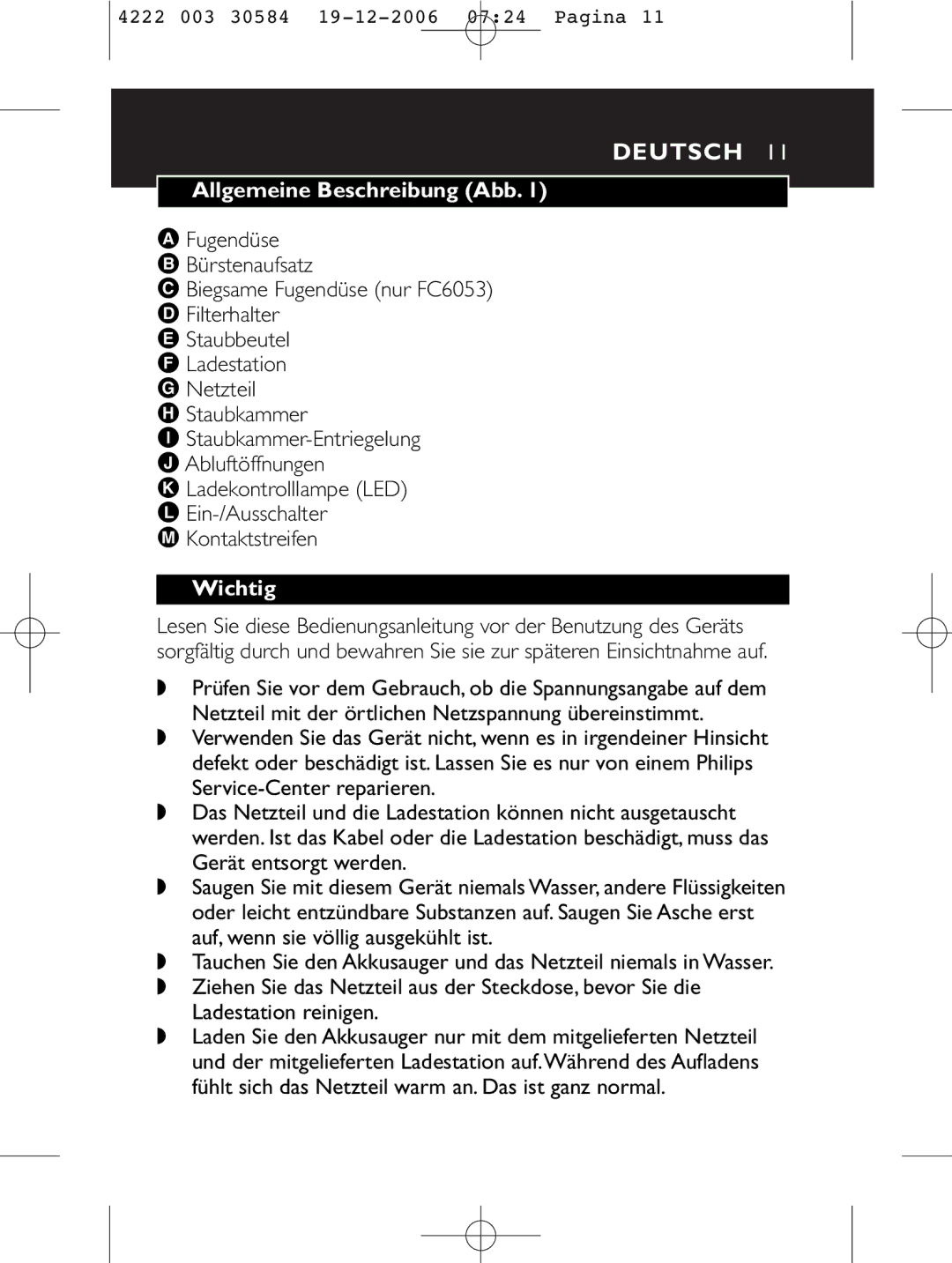 Philips FC6053, FC6051, FC6054, FC6050 manual Deutsch, Allgemeine Beschreibung Abb, Wichtig 