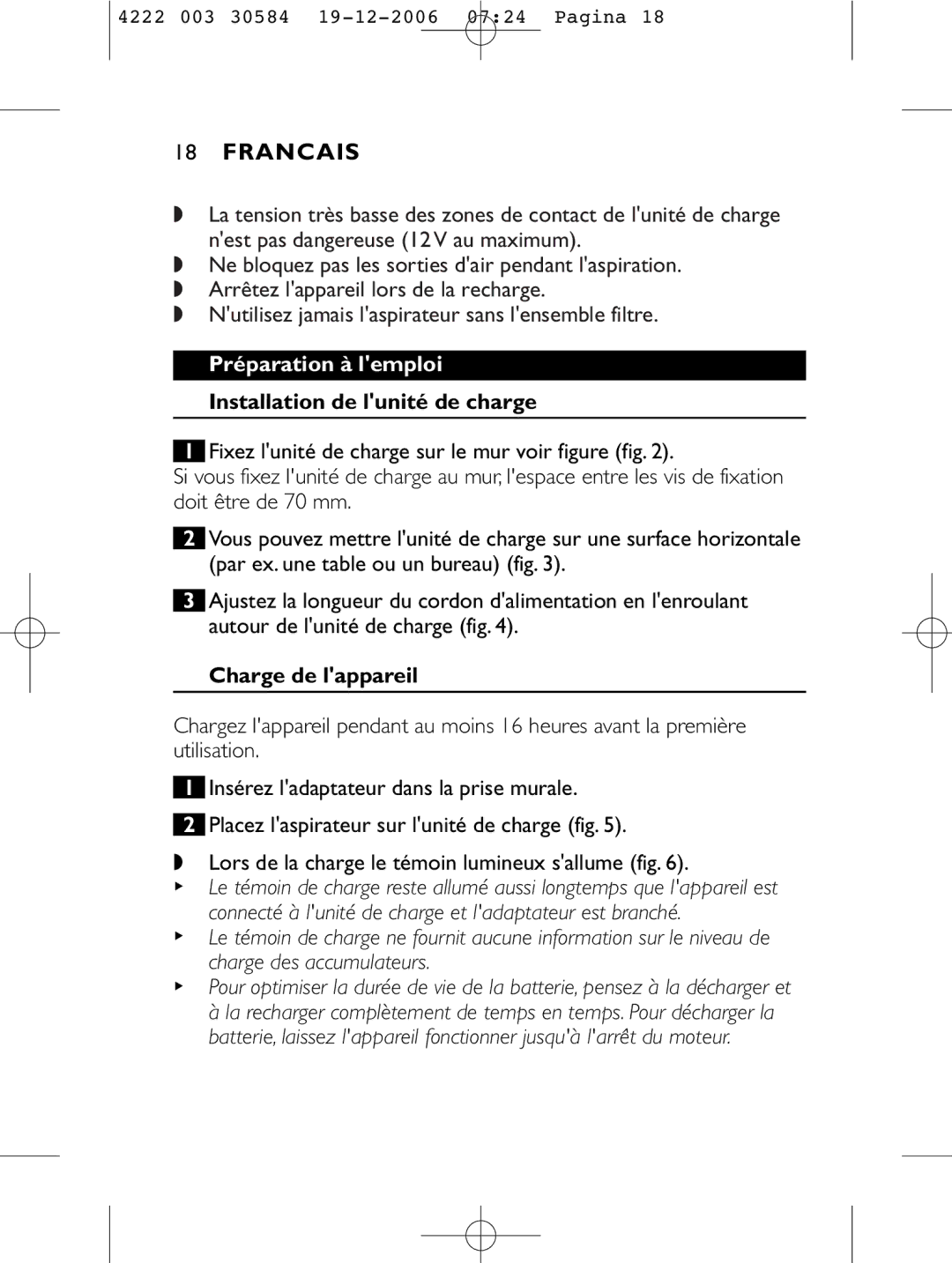 Philips FC6050, FC6051, FC6054 manual Francais, Préparation à lemploi, Installation de lunité de charge, Charge de lappareil 