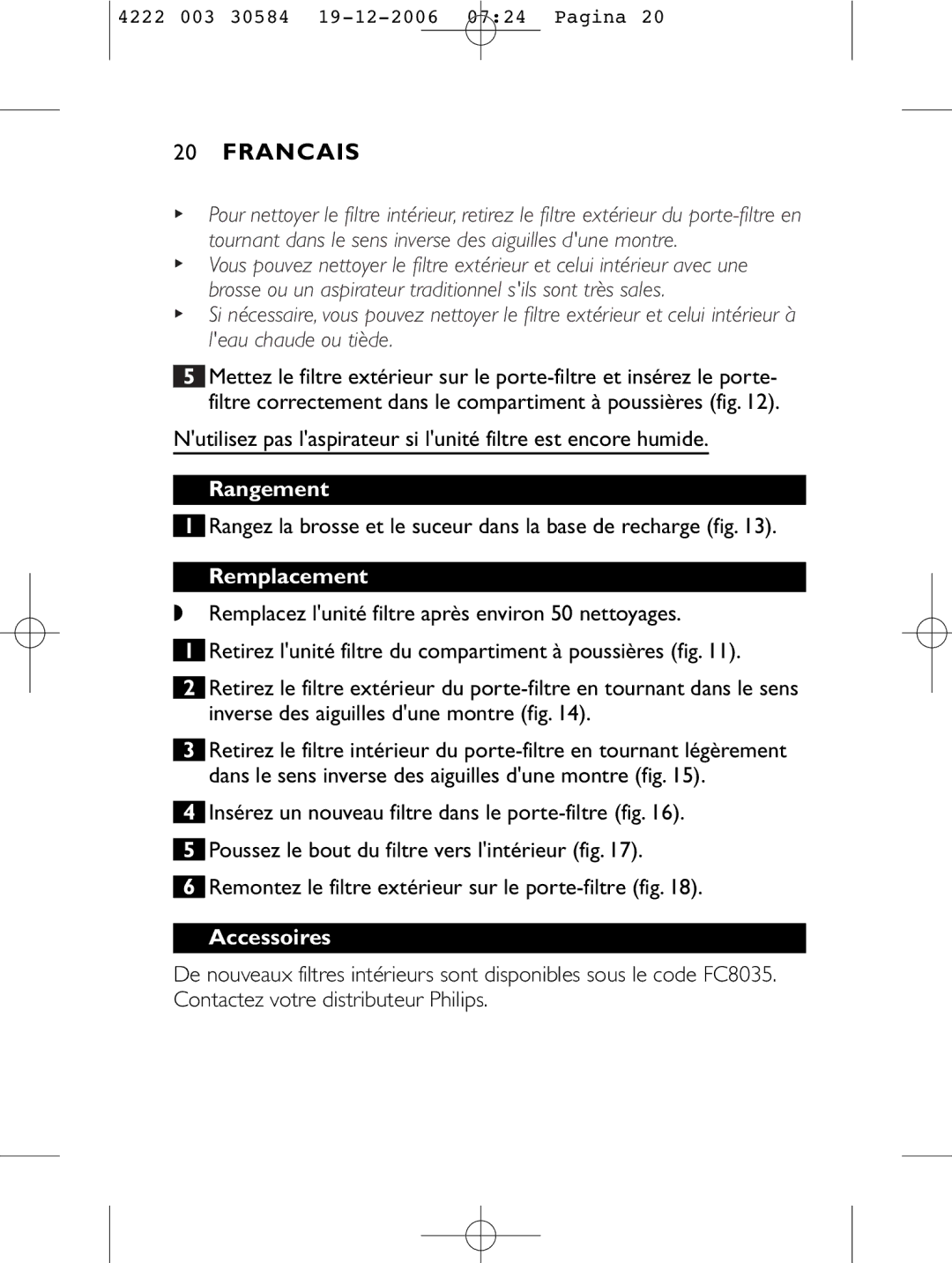 Philips FC6051, FC6054, FC6050, FC6053 manual Rangement, Remplacement, Accessoires 