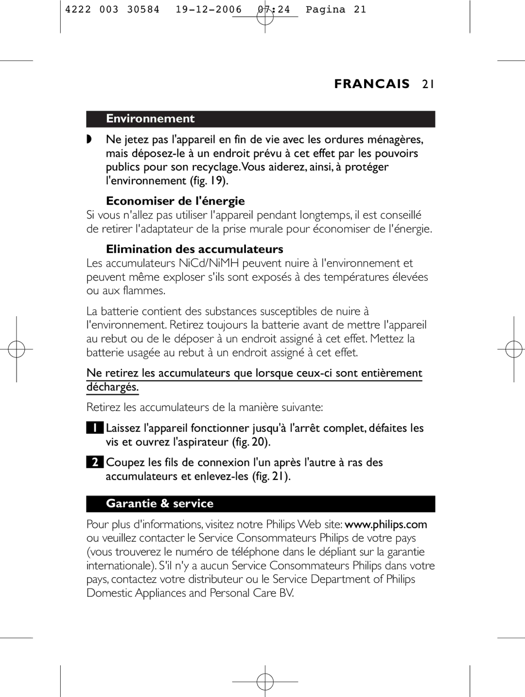 Philips FC6054, FC6051, FC6050 Environnement, Economiser de lénergie, Elimination des accumulateurs, Garantie & service 