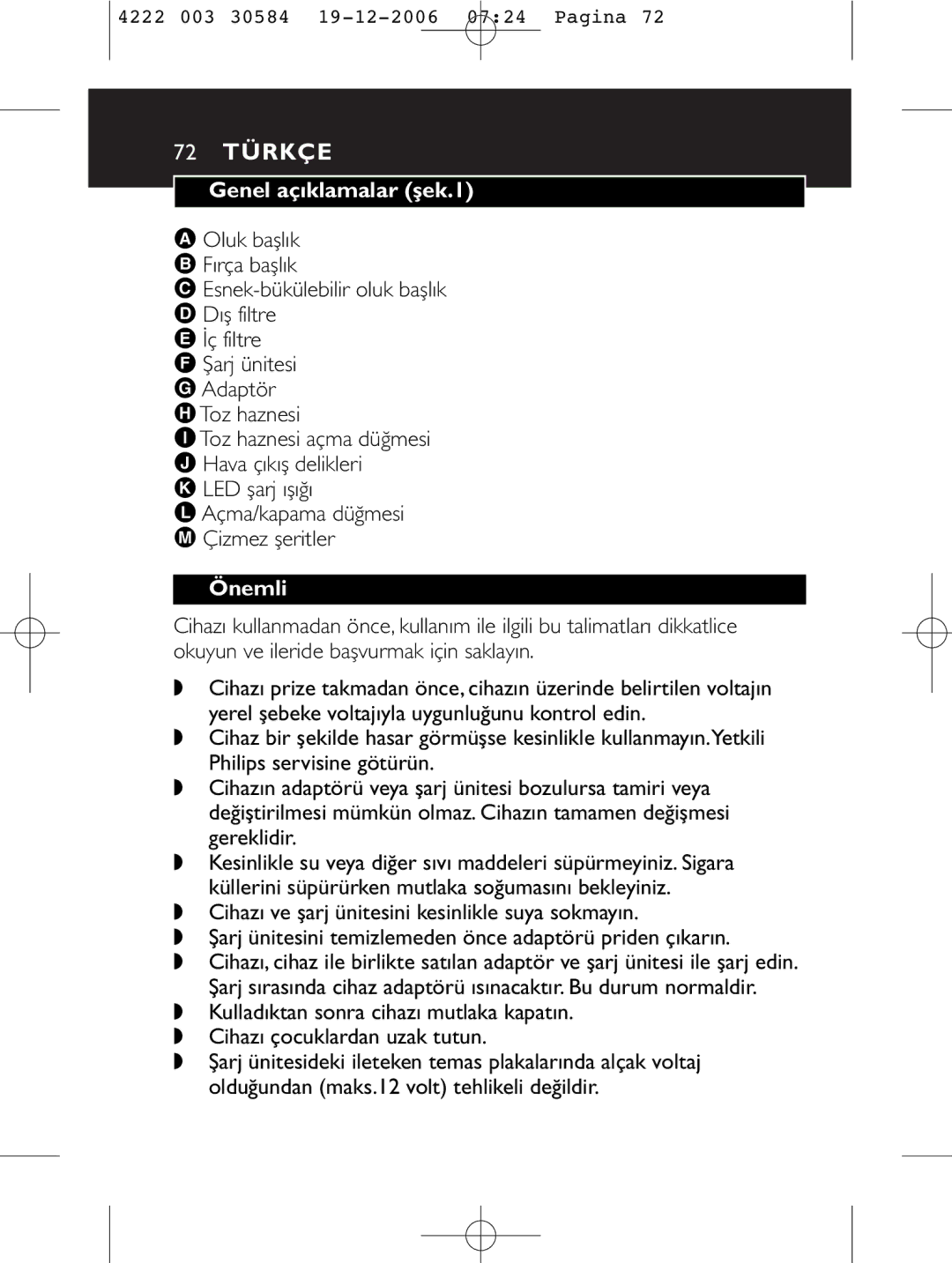 Philips FC6051, FC6054, FC6050, FC6053 manual 72 Türkçe, Genel açıklamalar şek.1, Önemli 