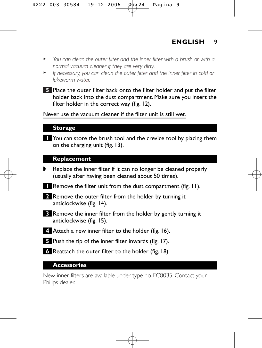 Philips FC6054, FC6051, FC6050, FC6053 manual Storage, Replacement, Accessories 