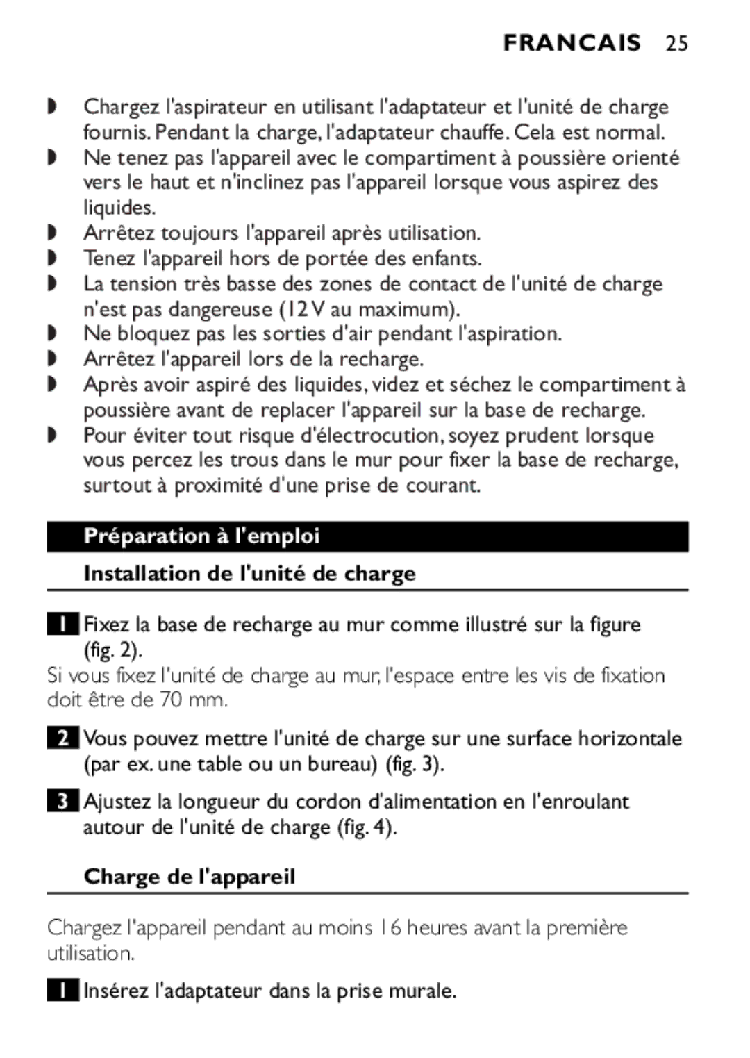 Philips FC6055 manual Francais, Préparation à lemploi Installation de lunité de charge, Charge de lappareil 