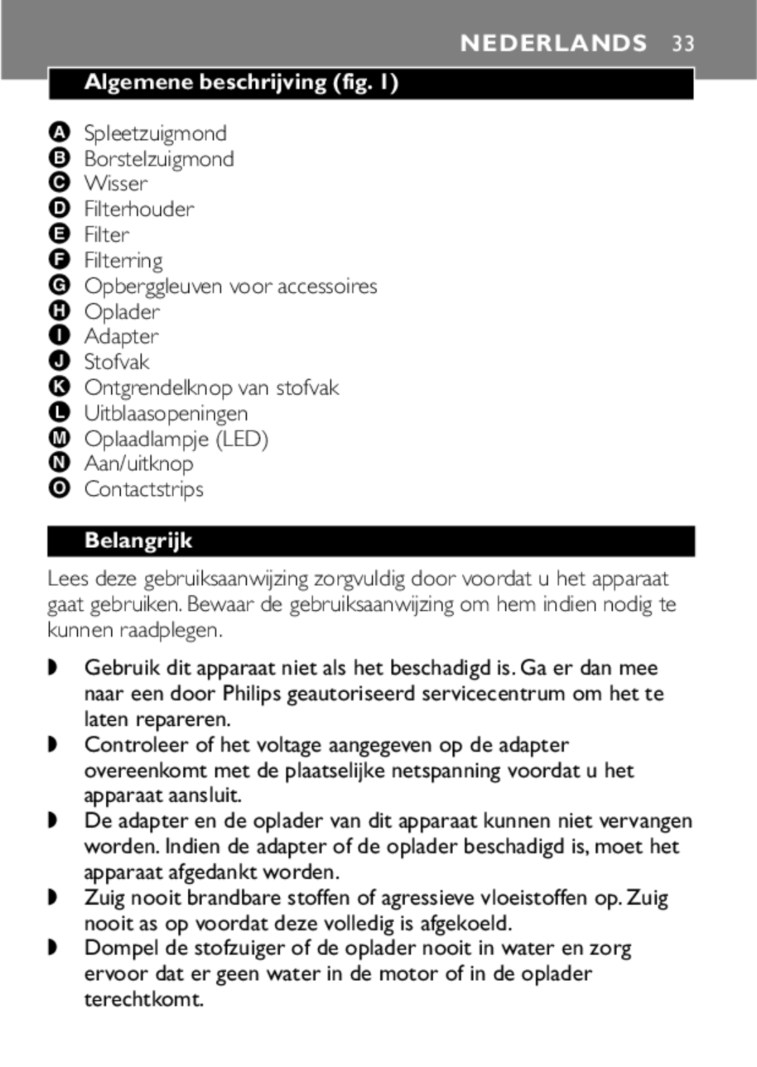 Philips FC6055 manual Nederlands, Algemene beschrijving fig, Belangrijk 