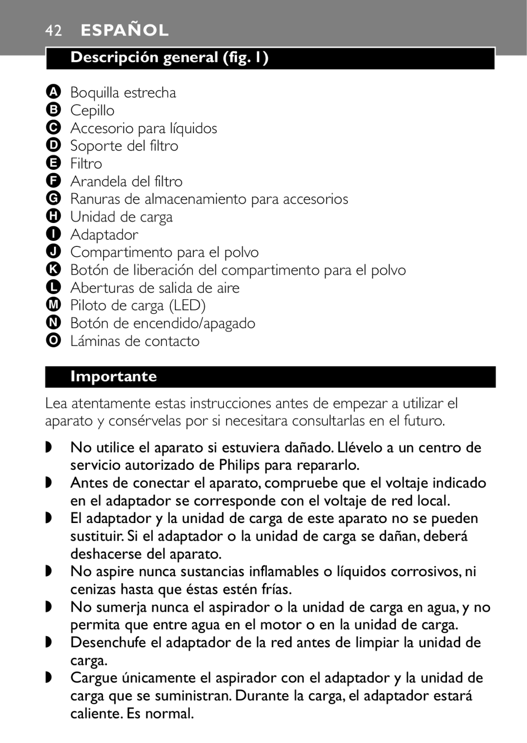 Philips FC6055 manual Español, Descripción general fig, Importante 