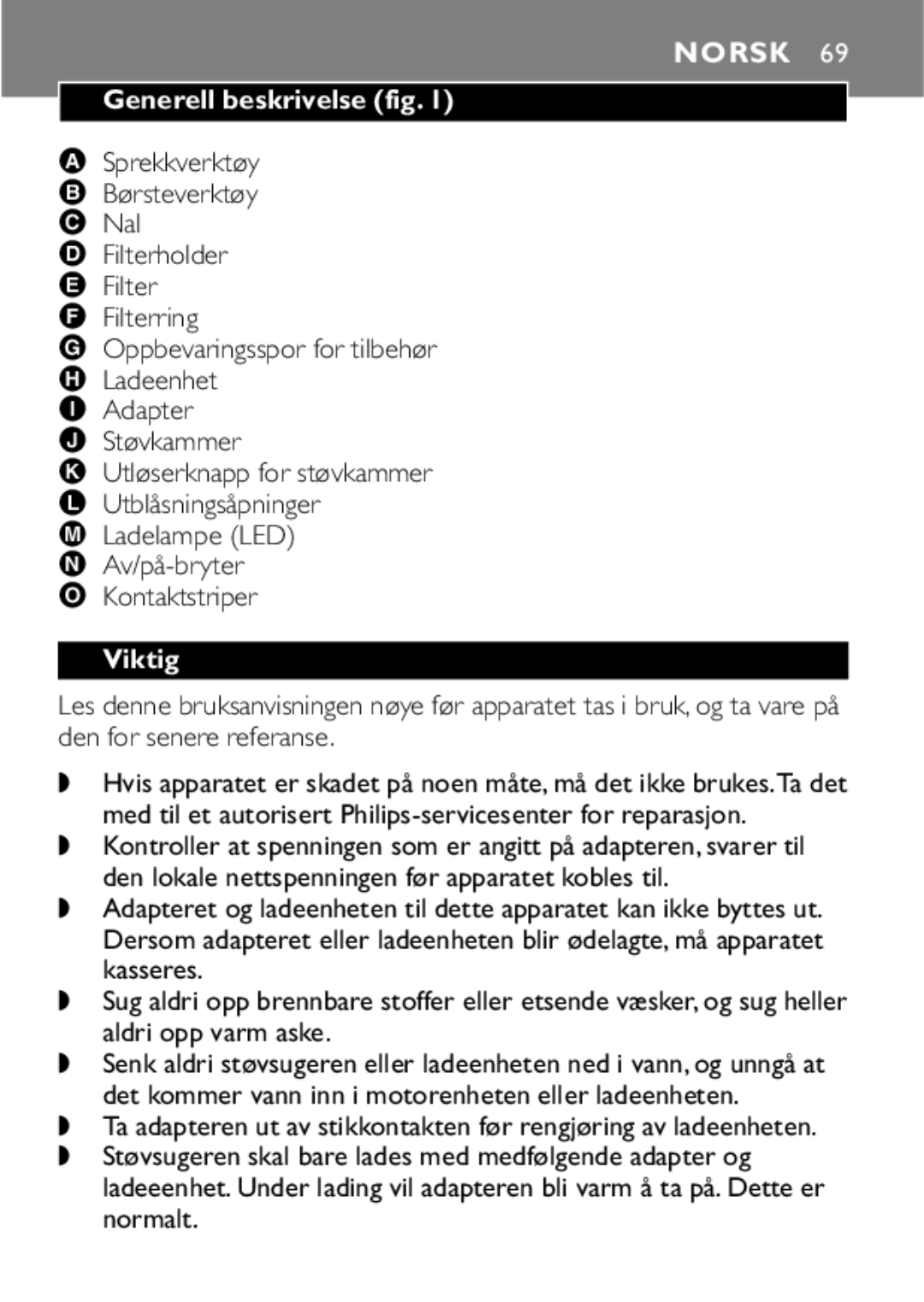 Philips FC6055 manual Norsk, Generell beskrivelse fig, Viktig 