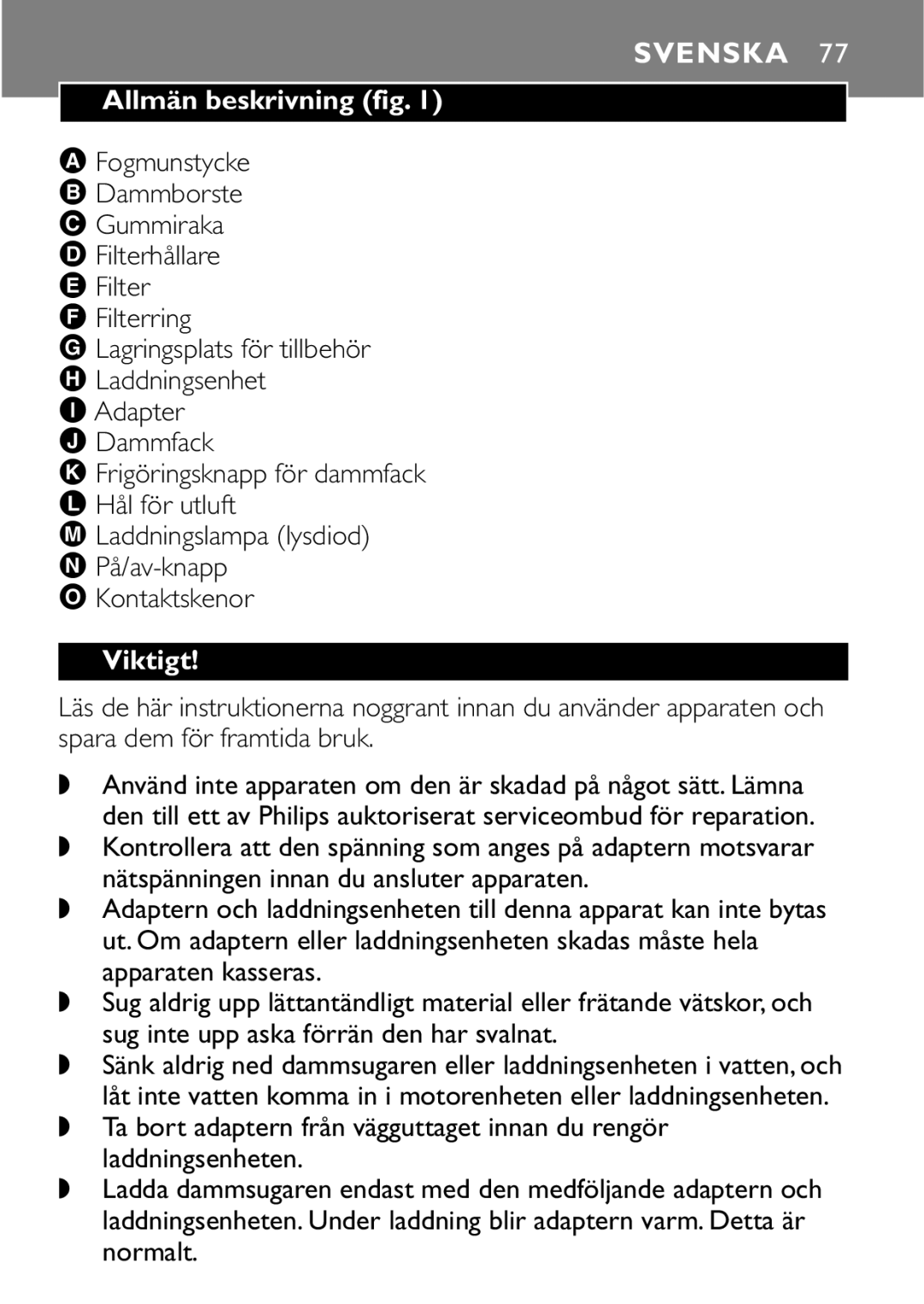 Philips FC6055 manual Svenska, Allmän beskrivning fig, Viktigt 