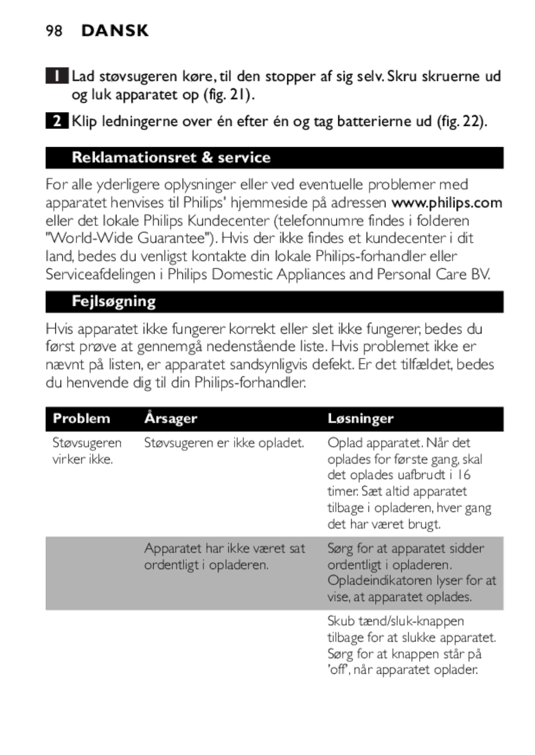 Philips FC6055 manual Reklamationsret & service Fejlsøgning, Problem Årsager Løsninger 