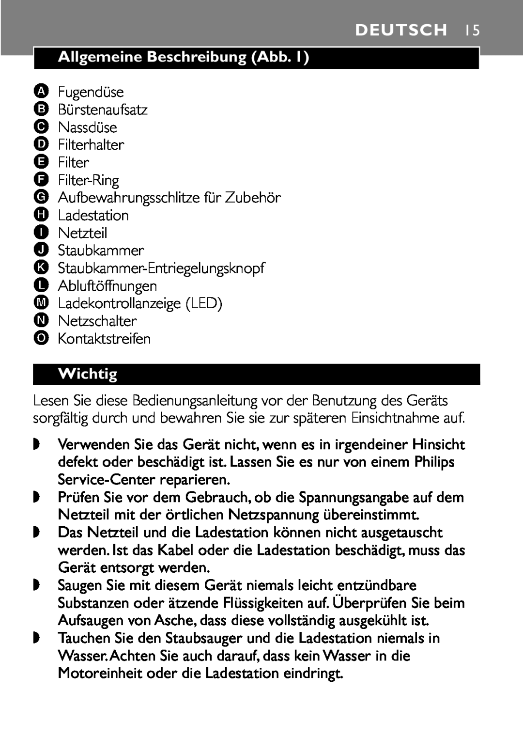 Philips FC6055 manual Deutsch, Allgemeine Beschreibung Abb, Wichtig 