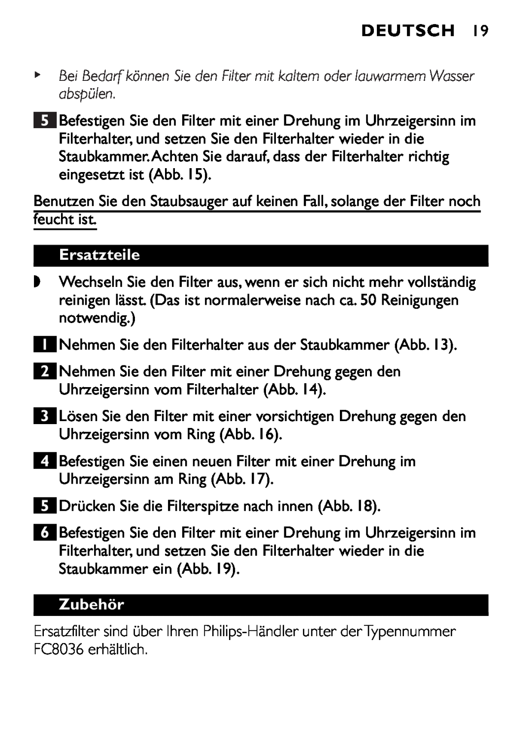 Philips FC6055 manual Ersatzteile, Zubehör, Deutsch 