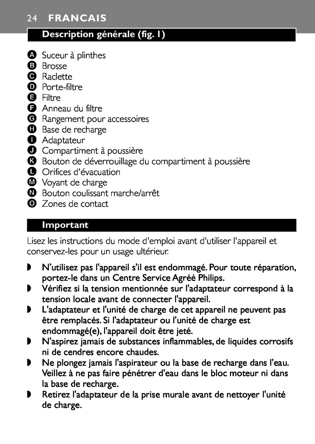 Philips FC6055 manual 24FRANCAIS, Description générale fig 