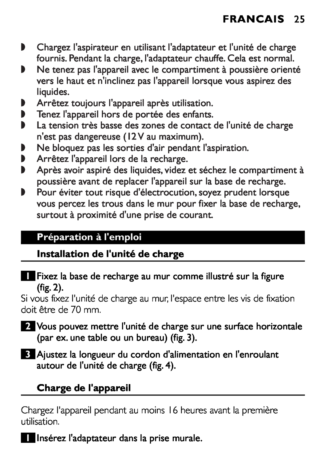 Philips FC6055 manual Francais, Charge de lappareil 