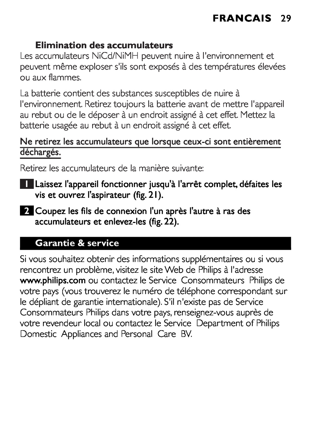 Philips FC6055 manual Elimination des accumulateurs, Garantie & service, Francais 