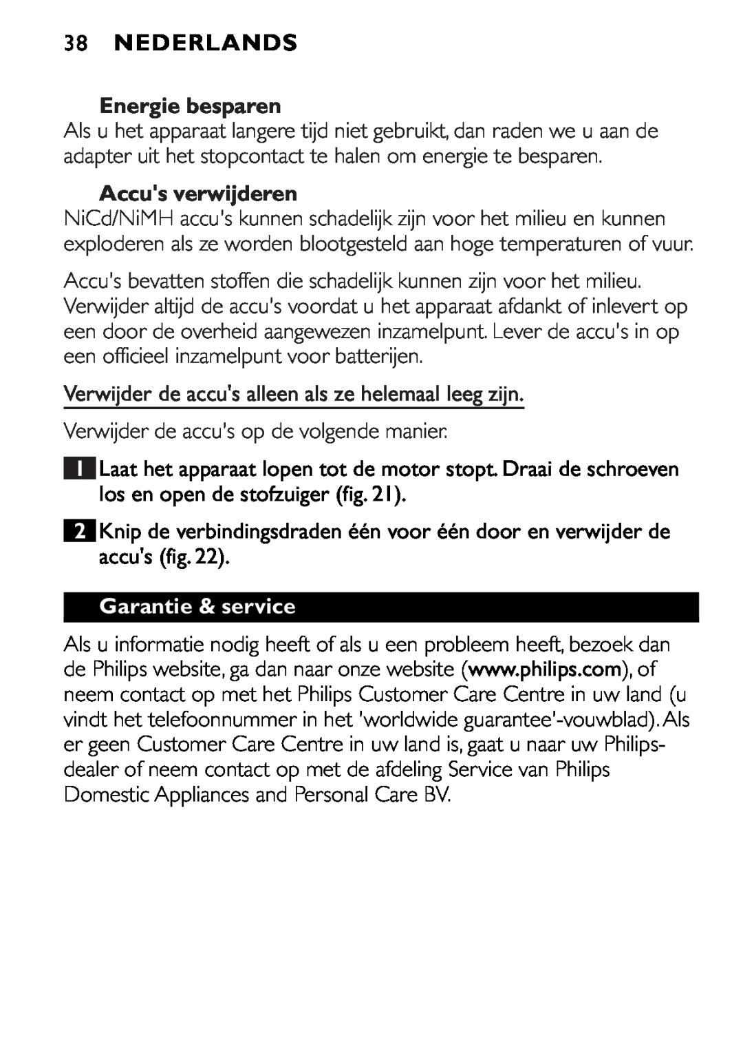 Philips FC6055 manual 38NEDERLANDS, Energie besparen, Accus verwijderen, Garantie & service 