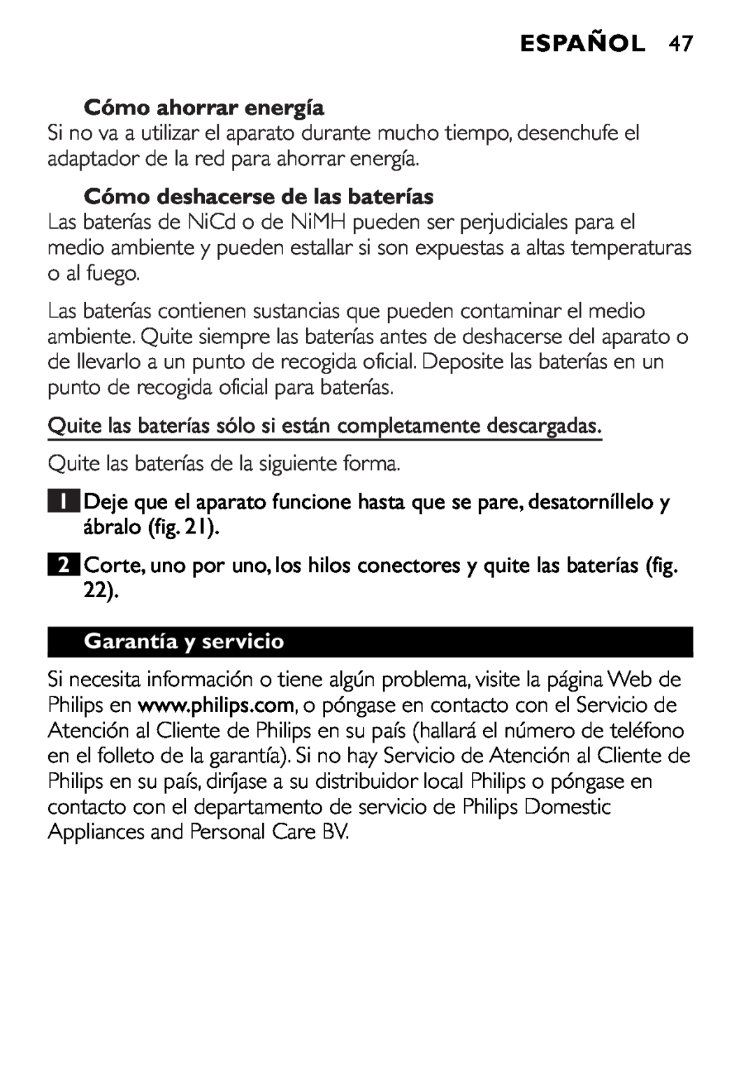 Philips FC6055 manual Cómo ahorrar energía, Cómo deshacerse de las baterías, Garantía y servicio, Español 